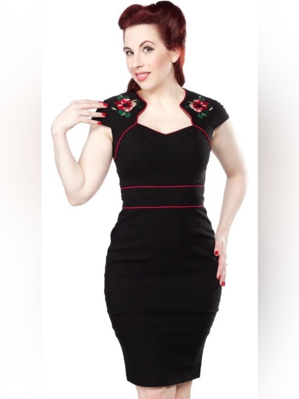 Hell Bunny Vixen Dress Large Hibiscus Embroidered Rockabilly Pinup Retro Wiggle